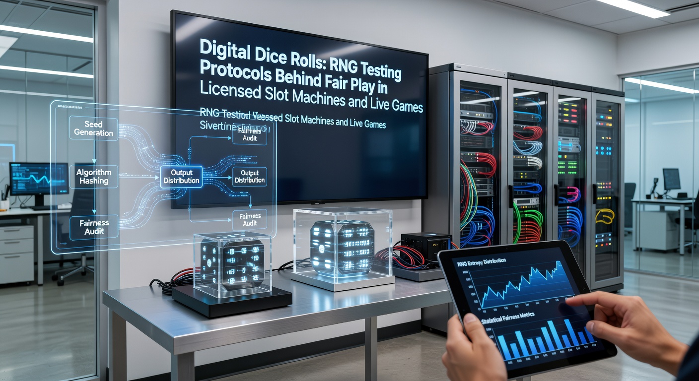 Grafiek met testresultaten van een RNG-audit, tonend statistische distributies en goedkeuringsstempels van testlabs