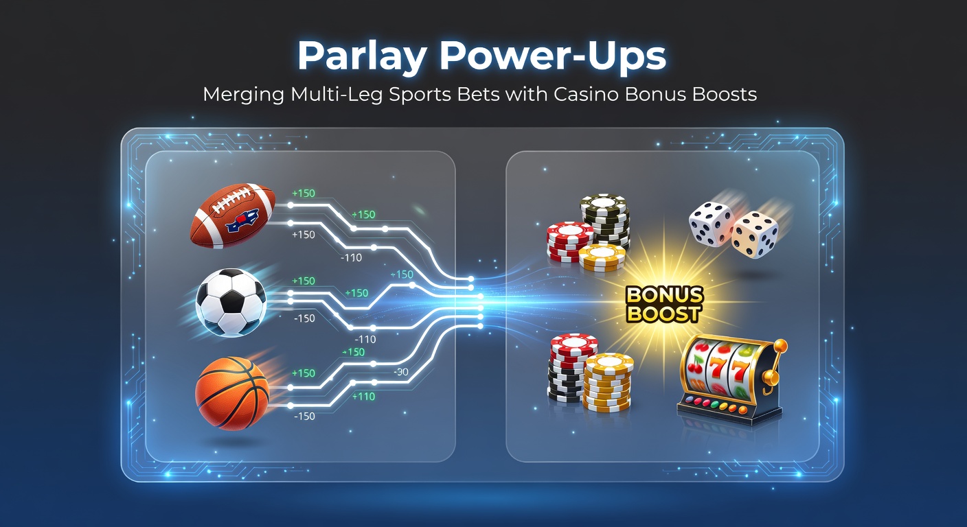Grafische weergave van een parlay-weddenschap die overgaat in casino bonus spins, met sporticonen en gokkast symbolen
