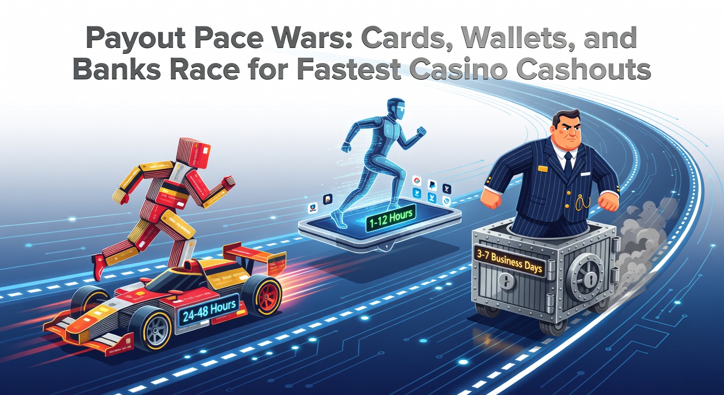 Grafiek die de dalende uitbetalingstijden in online casino's toont, met lijnen voor kaarten, wallets en bankoverschrijvingen van 2020 tot 2026