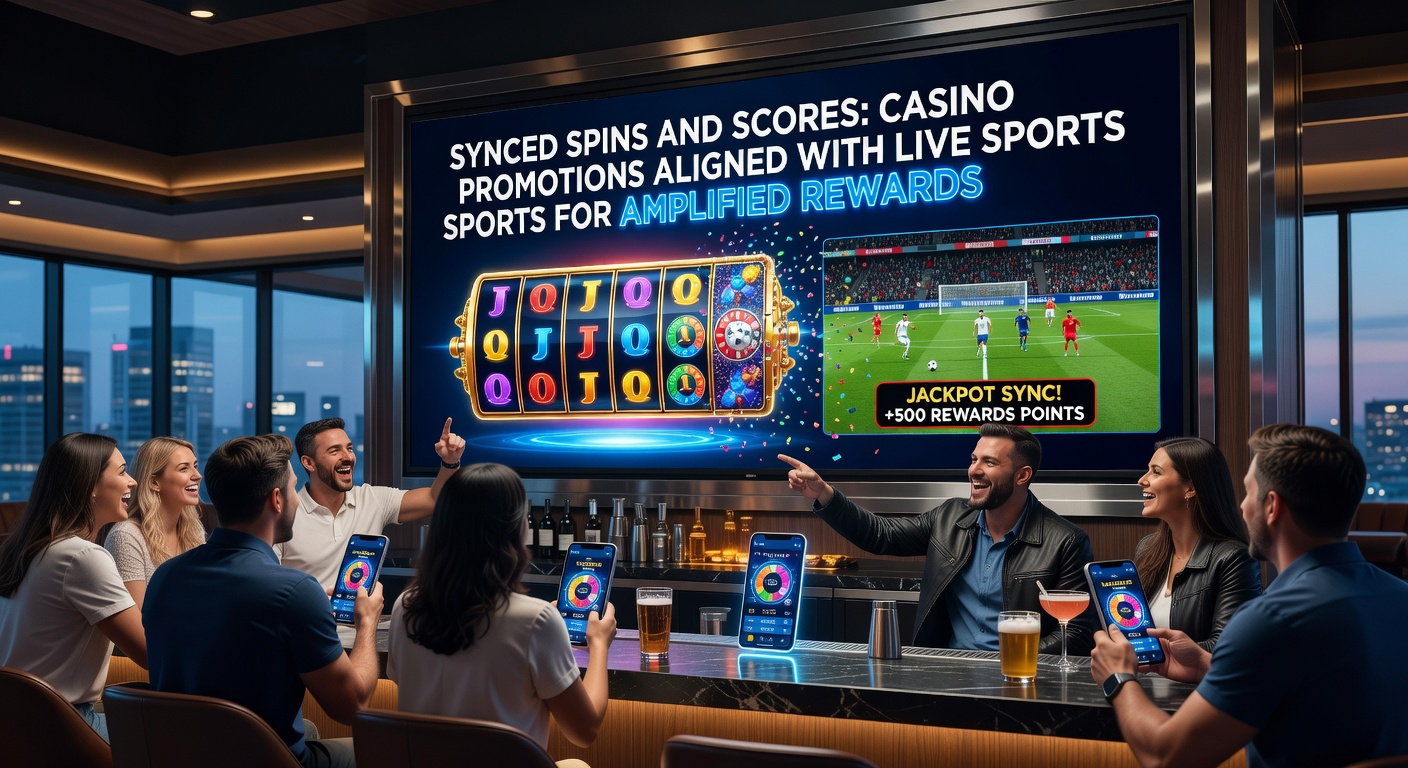 Voetbalstadion met casino-slotschermen die scores synchroniseren tijdens een live wedstrijd, symboliserend gekoppelde promoties