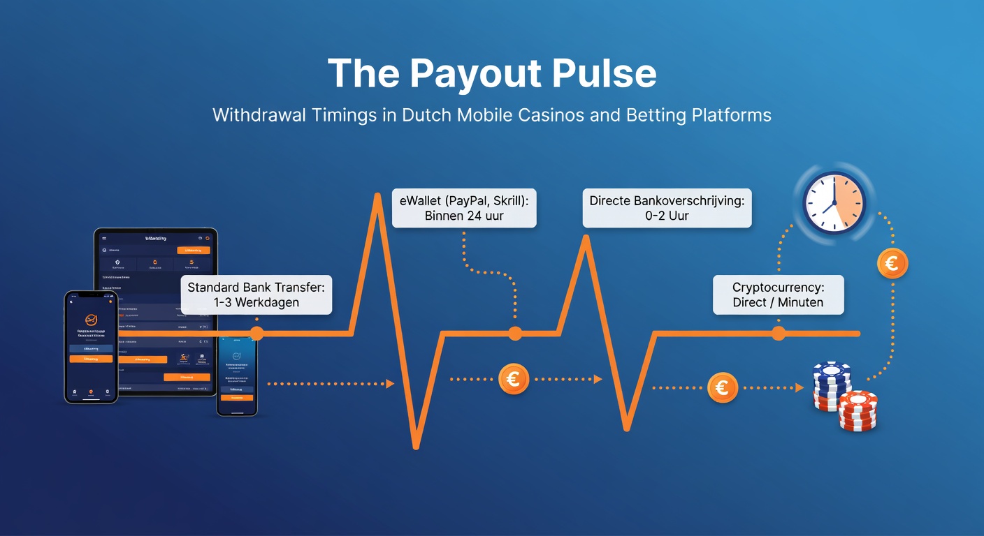 Mobiele app-interface met uitbetalingsopties op een Nederlands casino-platform, tonen timers en statussen voor verschillende methoden